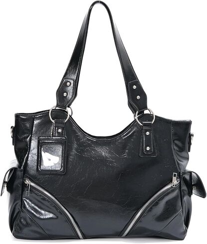 Tote Purse Large Capacity Shoulder Handbag with Soft PU Finish, Double Handles, Decorative Front Zippers and Side Pockets for Shopping Large Shoulder Handbag Black Tote Purse Soft PU Bag Zip Detail in Kuwait