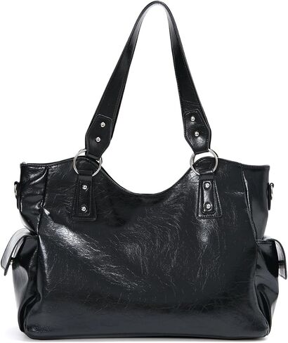 Tote Purse Large Capacity Shoulder Handbag with Soft PU Finish, Double Handles, Decorative Front Zippers and Side Pockets for Shopping Large Shoulder Handbag Black Tote Purse Soft PU Bag Zip Detail in Kuwait