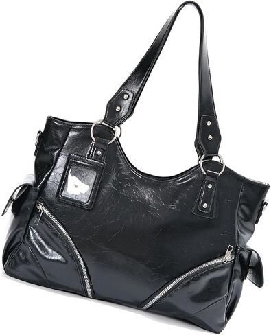 Tote Purse Large Capacity Shoulder Handbag with Soft PU Finish, Double Handles, Decorative Front Zippers and Side Pockets for Shopping Large Shoulder Handbag Black Tote Purse Soft PU Bag Zip Detail in Kuwait