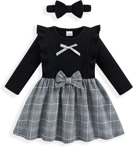 Vibebox Baby Girl Dress Fall Winter Long Sleeve Princess Clothes 3M-3T | Baby Girls Ruffle Sleeves Bows Birthday Dresses, Toddler Girl Casual Clothes Gifts Holiday Party Outfits with Handband in Kuwait