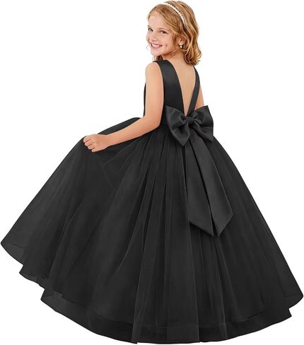 Satin Flower Girl Dresses Long Bow Graduation Little Princess Gown | Lace,Satin,Puffy Tulle,Bow Knot,Crew Neck,A Line,Sleeveless,Floor Length,V-Back,Bow Back in Kuwait