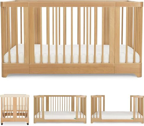 Newton Nest Convertible Crib for Baby and Toddler, Converts from Bassinet to Crib to Toddler Bed, Greenguard Gold, Solid Beech Wood Non-Toxic Finish - Natural, Sandstone Liner in Kuwait