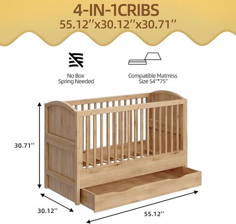 4-in-1 Convertible Crib, Converts to Toddler Bed and Full Bed in Kuwait