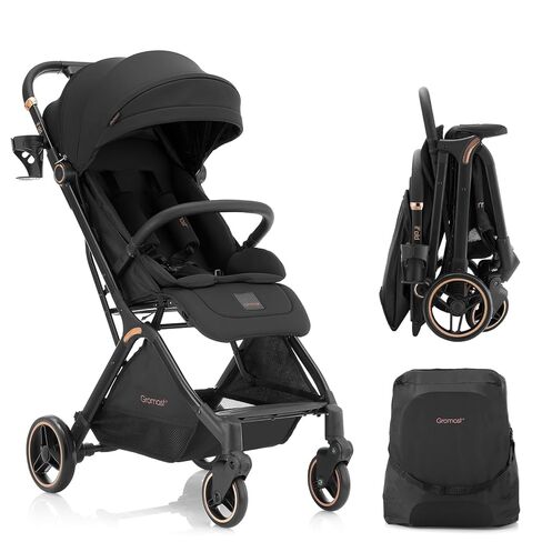 Gromast Gravity Folding Baby Stroller - Portable Travel Toddler Stroller w/Adjustable Backrest, Canopy & Cup Holder, Lightweight and UV Protected, One-Hand Automatic Folding - Black in Kuwait
