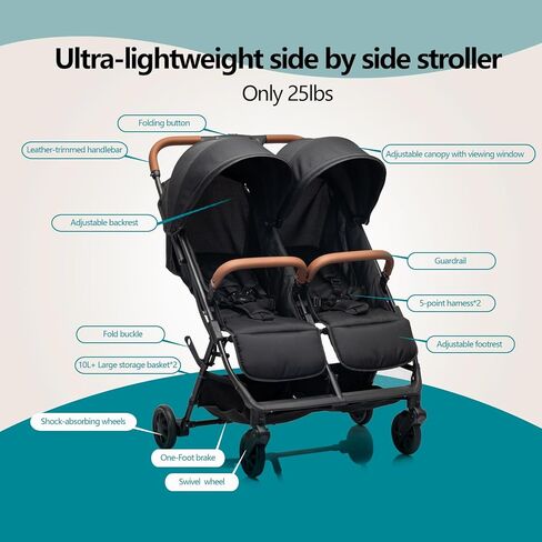 Twin Stroller for 2 Kids,30.5" Wide Side-by-Side Double Stroller with Independent Recline & 5-Point Harness, Ultra-Lightweight 25lbs,UPF 50+ Canopy, All-Terrain Wheels, Fits Doorways & Disney in Kuwait