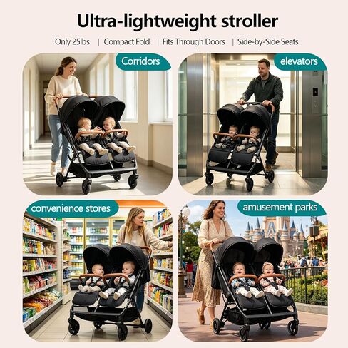 Twin Stroller for 2 Kids,30.5" Wide Side-by-Side Double Stroller with Independent Recline & 5-Point Harness, Ultra-Lightweight 25lbs,UPF 50+ Canopy, All-Terrain Wheels, Fits Doorways & Disney in Kuwait