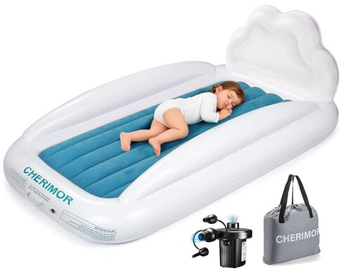 CHERIMOR Inflatable Toddler Travel Bed, Portable Toddler Bed with 4-Sides Safety Bumpers & Fast Auto Inflation Pump, Kids Air Mattress for Travel Camping, Grandma's Home Sleepovers Blow Up Mattress in Kuwait