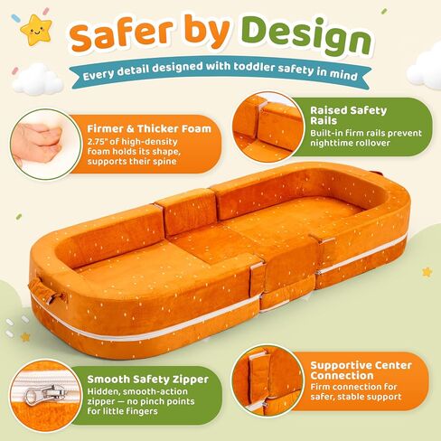 Toddler Travel Bed – Foldable Foam Floor Bed with Safety Rails for Ages 2-6 | Made With 2.75" High-Density Foam | Firm Raised Safety Rails Prevent Rollover | Machine Washable Cover in Kuwait