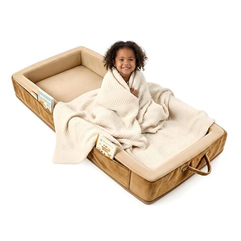 Beantown Toddler Portable Travel Bed - Foldable & Washable Floor Bed, Comfortable Mattress Used for for Camping, Hotels & Overnight Stays, No Assembly (Beige) in Kuwait