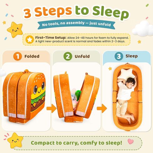 Toddler Travel Bed – Foldable Foam Floor Bed with Safety Rails for Ages 2-6 | Made With 2.75" High-Density Foam | Firm Raised Safety Rails Prevent Rollover | Machine Washable Cover in Kuwait