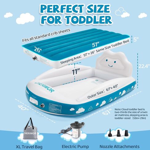 CHERIMOR Inflatable Toddler Travel Bed with 4-Sided Safety Bumpers, Portable Toddler Bed with Fast-Inflation Pump, Kids Air Mattress for Travel Sleepovers, Blow Up Mattress for Home & Grandma’s House in Kuwait