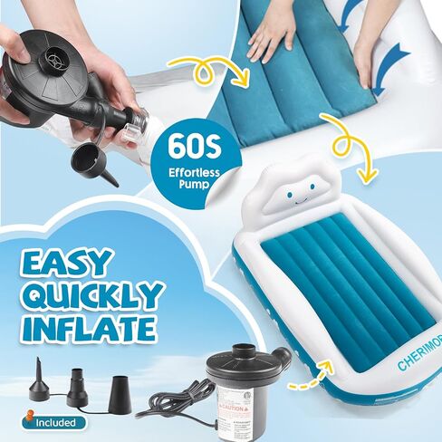 CHERIMOR Inflatable Toddler Travel Bed with 4-Sided Safety Bumpers, Portable Toddler Bed with Fast-Inflation Pump, Kids Air Mattress for Travel Sleepovers, Blow Up Mattress for Home & Grandma’s House in Kuwait
