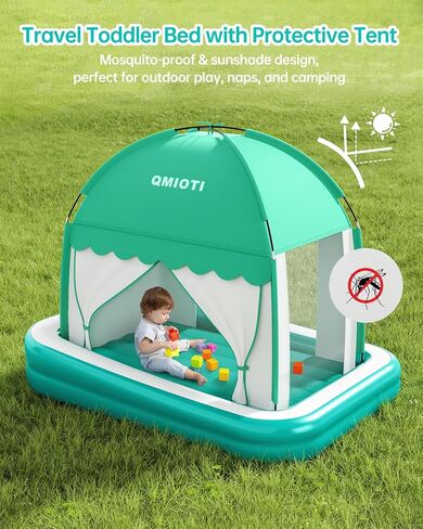 Inflatable Toddler Travel Bed with Tent, Portable Kids Air Mattress | Blow Up Portable Travel Toddler Bed with Safety Bumpers for Home, Traveling, Camping, with Fast Pump Inflation in Kuwait