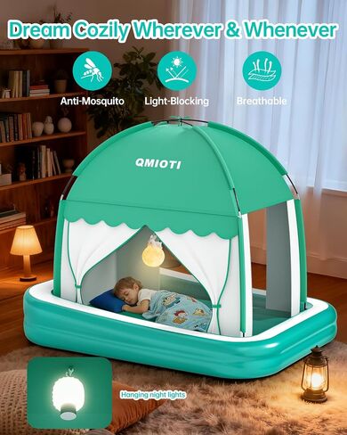 Inflatable Toddler Travel Bed with Tent, Portable Kids Air Mattress | Blow Up Portable Travel Toddler Bed with Safety Bumpers for Home, Traveling, Camping, with Fast Pump Inflation in Kuwait
