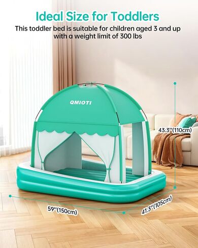 Inflatable Toddler Travel Bed with Tent, Portable Kids Air Mattress | Blow Up Portable Travel Toddler Bed with Safety Bumpers for Home, Traveling, Camping, with Fast Pump Inflation in Kuwait