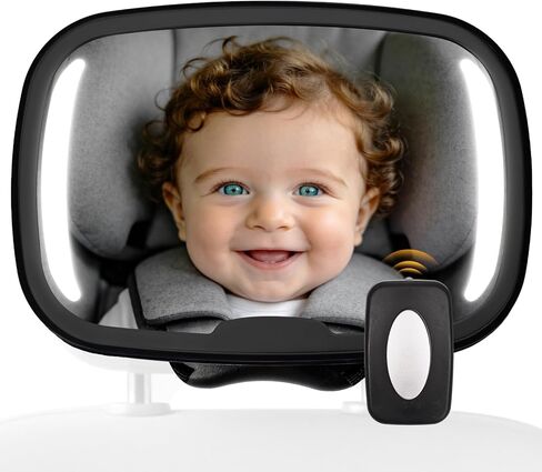 Baby Car Mirror With Light & Remote Control, Baby Car Mirror with Light, Rear Facing Baby Car Seat Mirror with 360° Rotation Design Wide View Shatterproof Long Lasting Battery in Kuwait