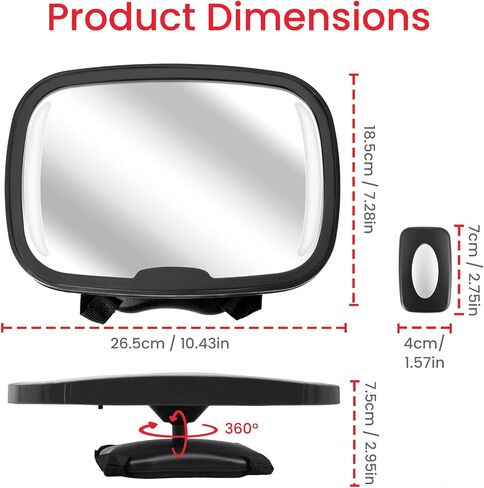 Baby Car Mirror With Light & Remote Control, Baby Car Mirror with Light, Rear Facing Baby Car Seat Mirror with 360° Rotation Design Wide View Shatterproof Long Lasting Battery in Kuwait