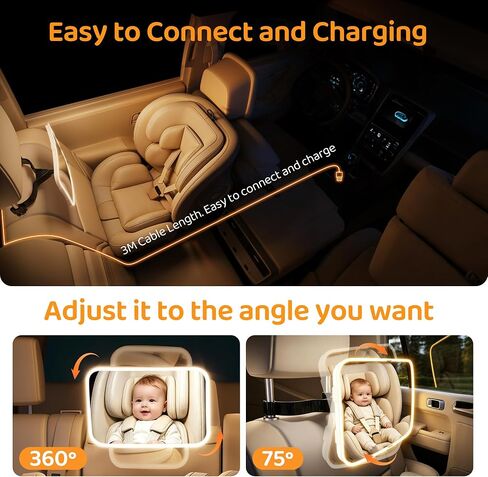 Baby Car Mirror with Light, USB-Powered 175° FOV Baby Seat Mirror for Car, Stable Hook Clip, 360° Adjustable, Safety & Easy Install, Rear-Facing Backseat Camera to Monitor Your Baby’s Every Move in Kuwait