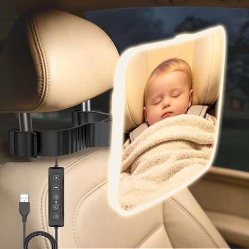 Baby Car Mirror with LED Light, Rear Facing Secure Baby Car Seat Mirror with 360° Rotation Hook Clip Design Backseat, Safely Wide Clear View Shatterproof/Shakeproof in Kuwait