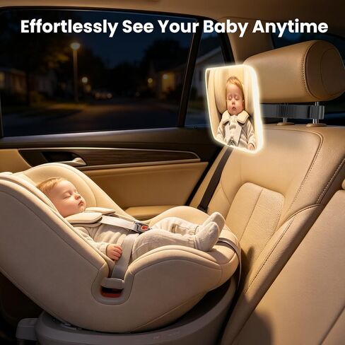 Baby Car Mirror with LED Light, Rear Facing Secure Baby Car Seat Mirror with 360° Rotation Hook Clip Design Backseat, Safely Wide Clear View Shatterproof/Shakeproof in Kuwait