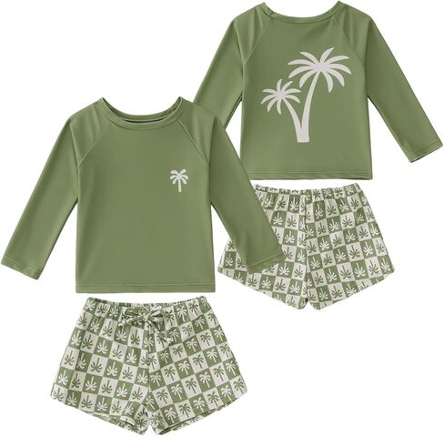 CM C&M WODRO Toddler Baby Boy Girl Swimsuits 2Pcs Long Sleeve Rashguard Swimwear Kids Palm Tree Swim Trunks Bathing Suit Set in Kuwait