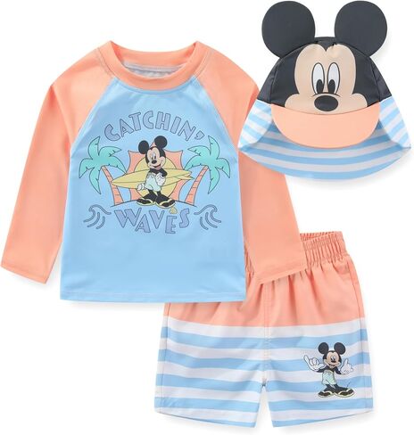 Disney Mickey Mouse Baby Boys UPF 50+ Rash Guard Swim Trunks and Sun Hat with Ears 3 Piece Bathing Suit Set for Infants in Kuwait