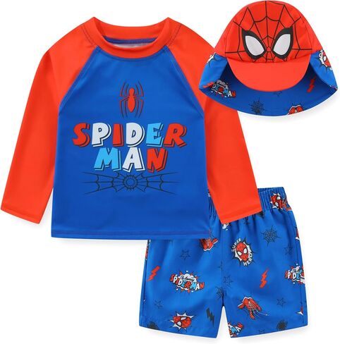 Marvel Spider-Man Baby Boys UPF 50+ Rash Guard Swim Trunks and Sun Hat with Ears 3 Piece Bathing Suit Set for Infants in Kuwait