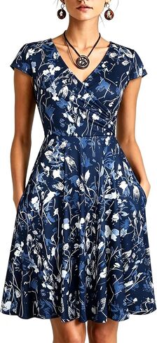 Women's Floral V Neck Midi Casual Dress Graduation Party Dresses with Pockets C296 in Kuwait