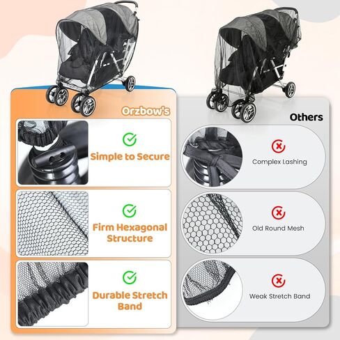 Orzbow Mosquito Net for Double Stroller | Mosquito Net Cover for Baby Tandem Seating, Double/Twin Stroller, Insect, Fly, and Bug Protection | Baby Summer, Beach, Travel, and Camping Essentials, Black in Kuwait