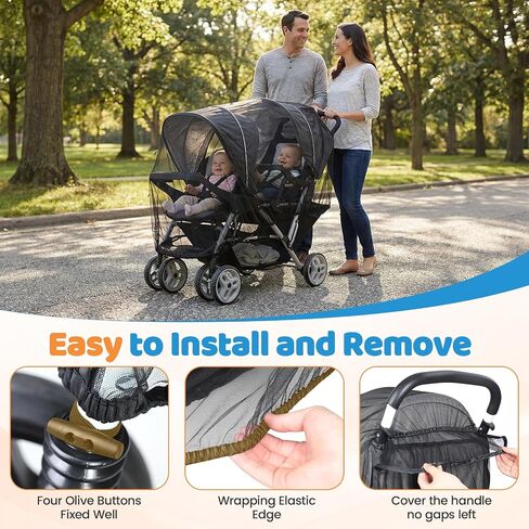 Orzbow Mosquito Net for Double Stroller | Mosquito Net Cover for Baby Tandem Seating, Double/Twin Stroller, Insect, Fly, and Bug Protection | Baby Summer, Beach, Travel, and Camping Essentials, Black in Kuwait