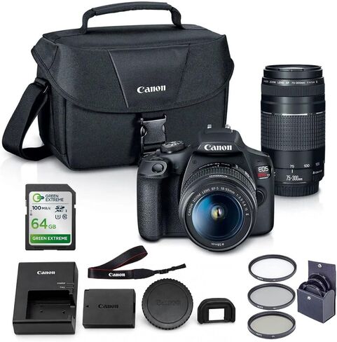 Canon EOS Rebel T7 DSLR Double Zoom Lens Kit Bundle with EF-S 18-55mm and EF 75-300mm Lenses, 64GB Memory Card and 58mm Filter Kit in Kuwait