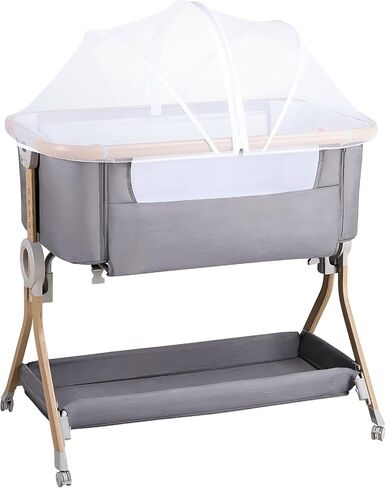 Larex Baby Bassinet Bedside Sleeper Crib Co Sleeper for Newborn Infant Toddler with Mosquito Net, Storage Bag & Basket, 5-Height Adjustable, Movable Wheels, Breathable Mattress & Mesh (Dark Gray) in Kuwait