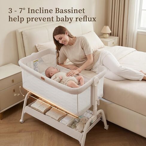 Baby Bassinet Bedside Sleeper, 3-in-1 Newborn Crib with Soft & Breathable Mattress, 6 Adjustable Heights & Anti-Reflux Incline, Breathable Mesh – ASTM & CPSC Certified in Kuwait