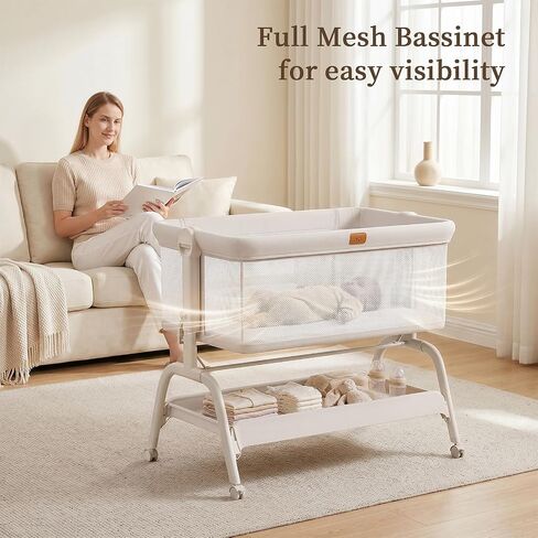 Baby Bassinet Bedside Sleeper, 3-in-1 Newborn Crib with Soft & Breathable Mattress, 6 Adjustable Heights & Anti-Reflux Incline, Breathable Mesh – ASTM & CPSC Certified in Kuwait