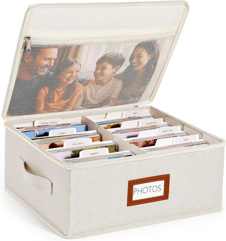 HULISEN Photo Storage Box, Photo Organizer for 2000 4x6 Pictures, Beige | Linen Keepsake Box with Zipper Lid & 8 Dividers, Label Cards Included, Mesh Pocket for Larger Prints, Family Memory Storage in Kuwait