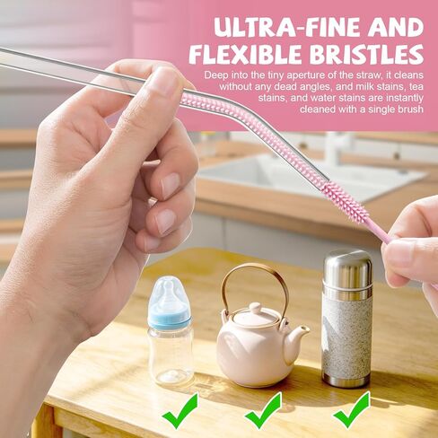 AONEZ Straw Cleaner Brushes Set of 4 - Silicone Straw Cleaner Brush - Straw Brush with Non-Slip Handle in Extra-Long Straw Brush for Metal, Glass, Plastic Reusable Drinking Straws in Kuwait