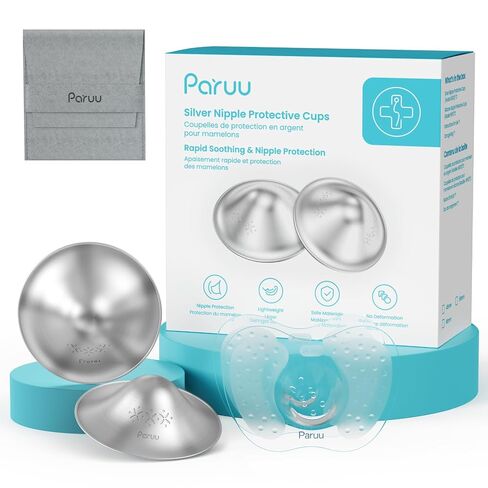 Paruu Silver Silver Nursing Cups | 999 Nipple Shields for Breastfeeding with Silicone Nipple Covers | IBCLC Recommended | Soothe Sore Nipples | Reusable Nipple Protectors for Newborn Moms in Kuwait