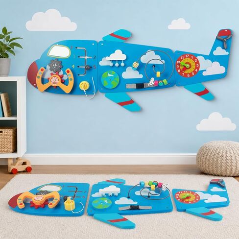 WOODENFUN Wooden Activity Wall Busy Board for Toddlers, 12 in 1 Airplane Montessori Sensory Wall Panel with Bead Maze, Baby Learning Toys for Boys Girls in Kuwait