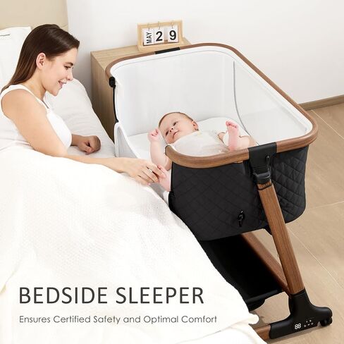 ANGELBLISS Electric Baby Bassinet Bedside Sleeper with Auto Rocking, Remote/Touch Control, 3 Timer Modes, 12 Sounds, 6 Heights, Storage & Wheels (Black) in Kuwait