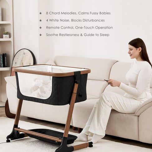 ANGELBLISS Electric Baby Bassinet Bedside Sleeper with Auto Rocking, Remote/Touch Control, 3 Timer Modes, 12 Sounds, 6 Heights, Storage & Wheels (Black) in Kuwait