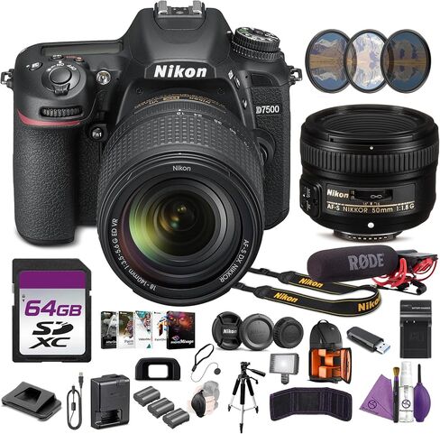 Nikon D7500 DSLR Camera 18-140mm Lens DX Format Bundle with AF-S NIKKOR 50mm f/1.8G Lens + Ultracompact on Camera-Mount Microphone + Tripod + Filter Kit 58mm + 64GB Memory Card + Backpack + More in Kuwait