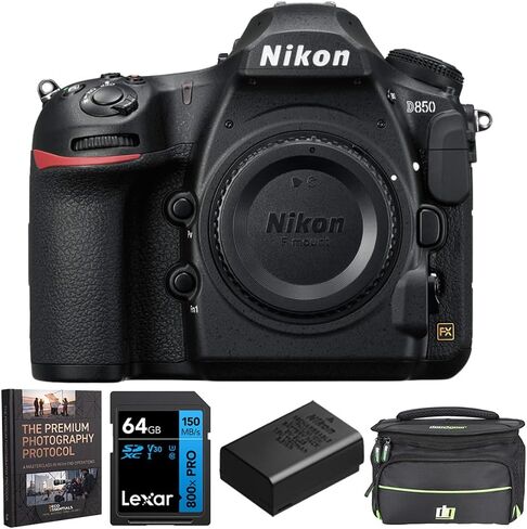 Nikon D850 45.7MP Full-Frame FX-Format Digital SLR Camera - Black (Body Only) Bundle with Deco Essentials Shoot Like A Pro eBook + Lexar 64GB SDXC Memory Card + Camera Bag + Extra Battery in Kuwait