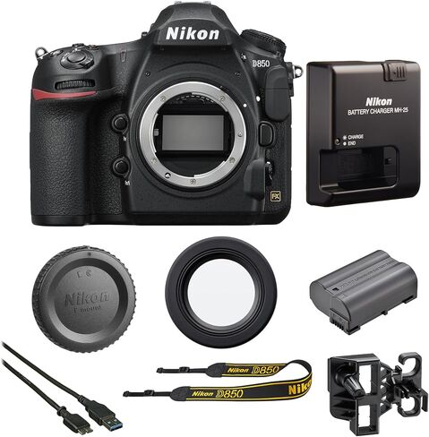 Nikon D850 45.7MP Full-Frame FX-Format Digital SLR Camera - Black (Body Only) Bundle with Deco Essentials Shoot Like A Pro eBook + Lexar 64GB SDXC Memory Card + Camera Bag + Extra Battery in Kuwait