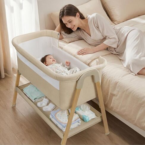 Uuoeebb Baby Bassinet, Bedside Bassinet for Baby, 2-in-1 Bedside Sleeper with Mattress, Half-Mesh Breathable Design, 4 Auto-Lock Wheels, Storage Basket, Easy Assembly (Khaki) in Kuwait