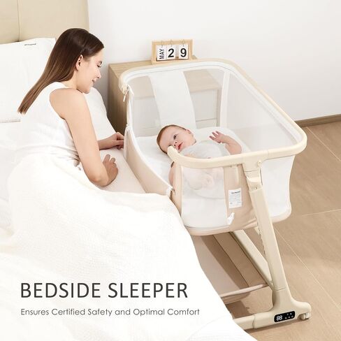 ANGELBLISS Electric Baby Bassinet Bedside Sleeper with Auto Rocking, Remote/Touch Control, 3 Timer Modes, 12 Sounds, 6 Heights, Storage & Wheels (Beige) in Kuwait