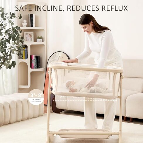 ANGELBLISS Electric Baby Bassinet Bedside Sleeper with Auto Rocking, Remote/Touch Control, 3 Timer Modes, 12 Sounds, 6 Heights, Storage & Wheels (Beige) in Kuwait