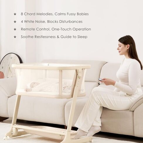 ANGELBLISS Electric Baby Bassinet Bedside Sleeper with Auto Rocking, Remote/Touch Control, 3 Timer Modes, 12 Sounds, 6 Heights, Storage & Wheels (Beige) in Kuwait