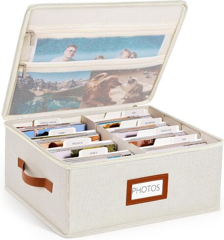 Photo Storage Box with Zipper Lid & Dividers, Linen Photo Organizer Container for 2000 4x6 Pictures, Decorative Keepsake Memory Box with Handle, Double Mesh Pockets for 8x10 Family Prints in Kuwait