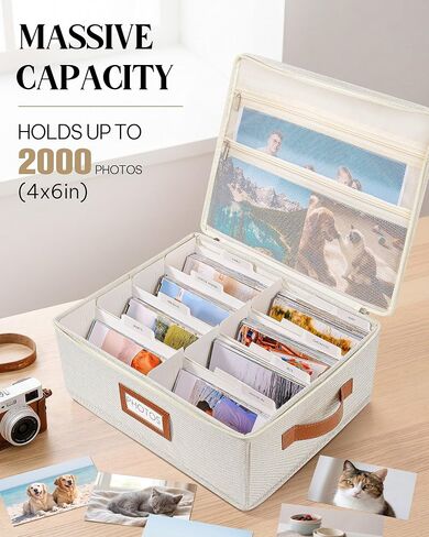 Photo Storage Box with Zipper Lid & Dividers, Linen Photo Organizer Container for 2000 4x6 Pictures, Decorative Keepsake Memory Box with Handle, Double Mesh Pockets for 8x10 Family Prints in Kuwait