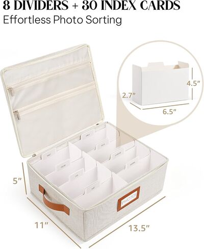 Photo Storage Box with Zipper Lid & Dividers, Linen Photo Organizer Container for 2000 4x6 Pictures, Decorative Keepsake Memory Box with Handle, Double Mesh Pockets for 8x10 Family Prints in Kuwait